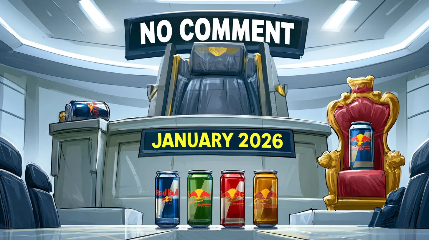 Four Editions went to the boardroom in January 2026; Red Bull declined to comment © History Oasis Four discontinued Red Bull Edition cans in blue, green, red and amber facing an empty corporate tribunal bench