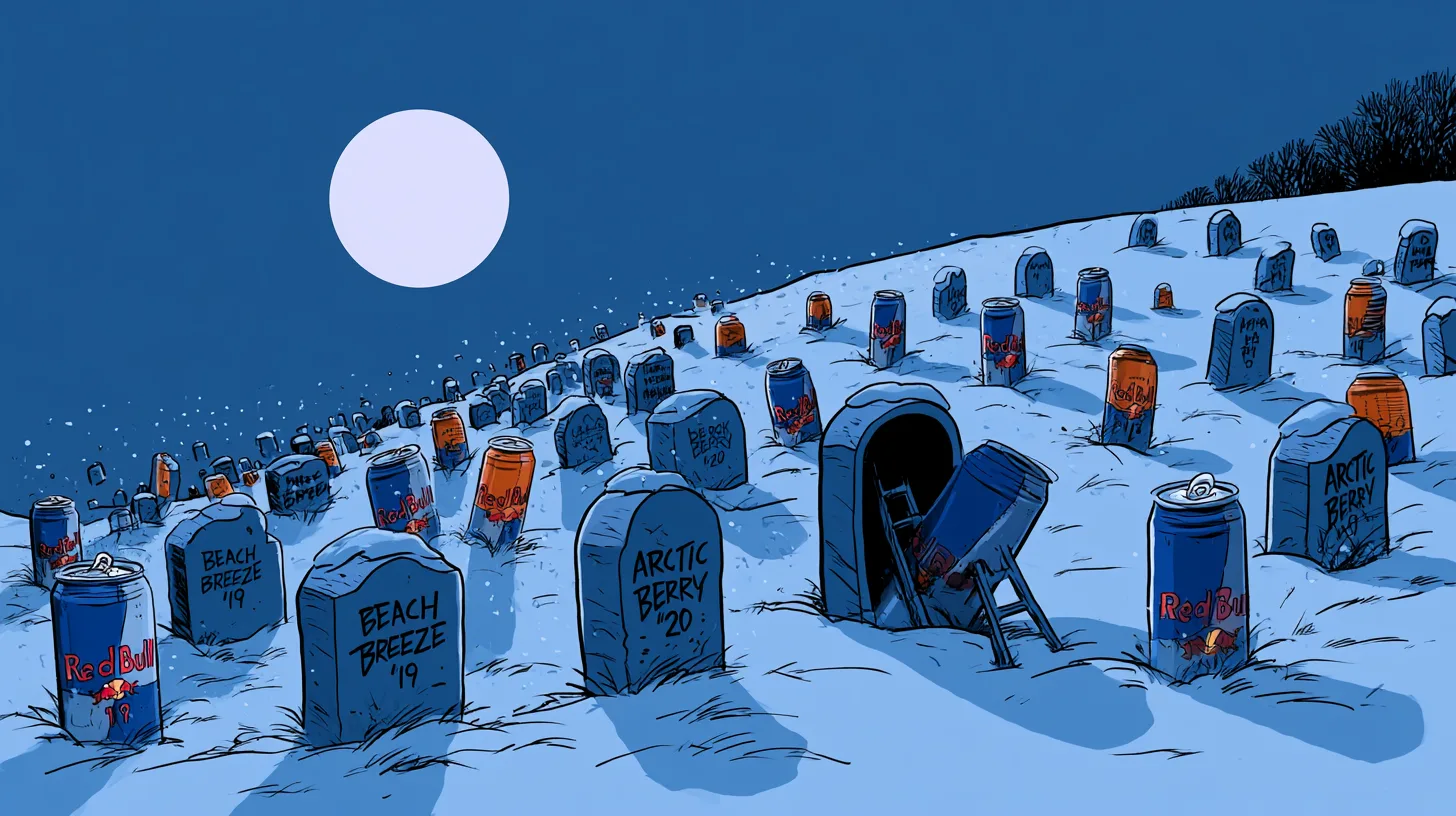 The seasonal editions that never came back, with one empty grave for the flavor that did © History Oasis Moonlit cemetery of discontinued Red Bull seasonal flavors with headstones reading Beach Breeze 2019 and Arctic Berry 2020