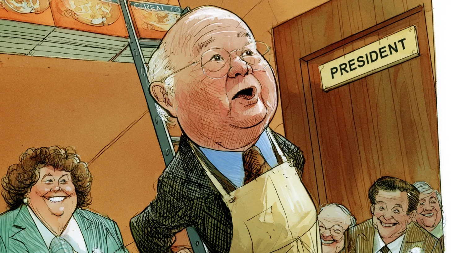 Joe R. Lee's climb from restaurant manager to president under General Mills © History Oasis Joe R. Lee climbing a ladder of cereal boxes toward the Red Lobster president's office