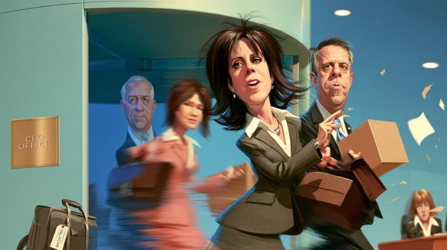 Four leaders passed through the CEO office in three years © History Oasis Red Lobster executives spinning through a revolving door beside a CEO Office plaque