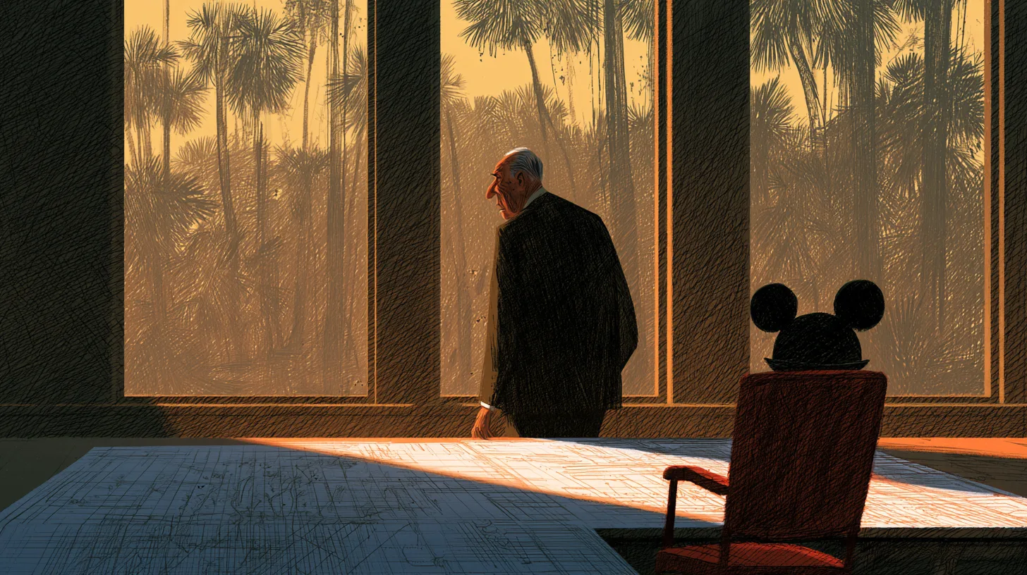 Roy O. Disney with the Florida plans and his brother's empty chair © History Oasis Roy O. Disney alone with Florida blueprints and an empty chair holding Mickey Mouse ears, the Disney co-founder who took over after Walt died