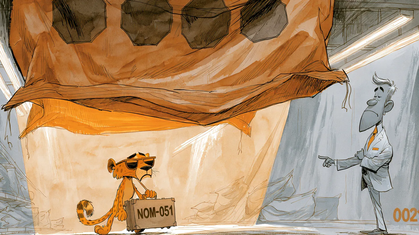 NOM-051 put warning seals on the bag and the mascot out of a job © History Oasis A cartoon cheetah wheeling a suitcase away from a warning-labeled snack bag