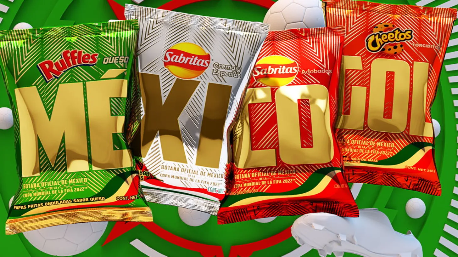 Sabritas Adobadas and Crema y Especias in World Cup packaging — Sabritas/PepsiCo Sabritas, Ruffles and Cheetos bags spelling out MEXICO GOL