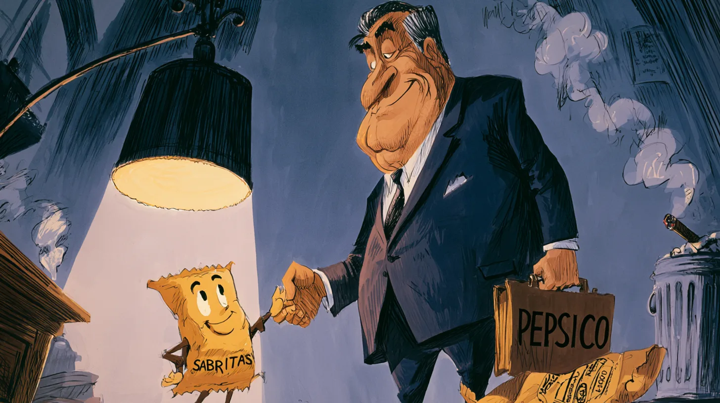 PepsiCo bought the company in 1966 and kept the Mexican name © History Oasis A Sabritas chip bag shaking hands with a PepsiCo executive
