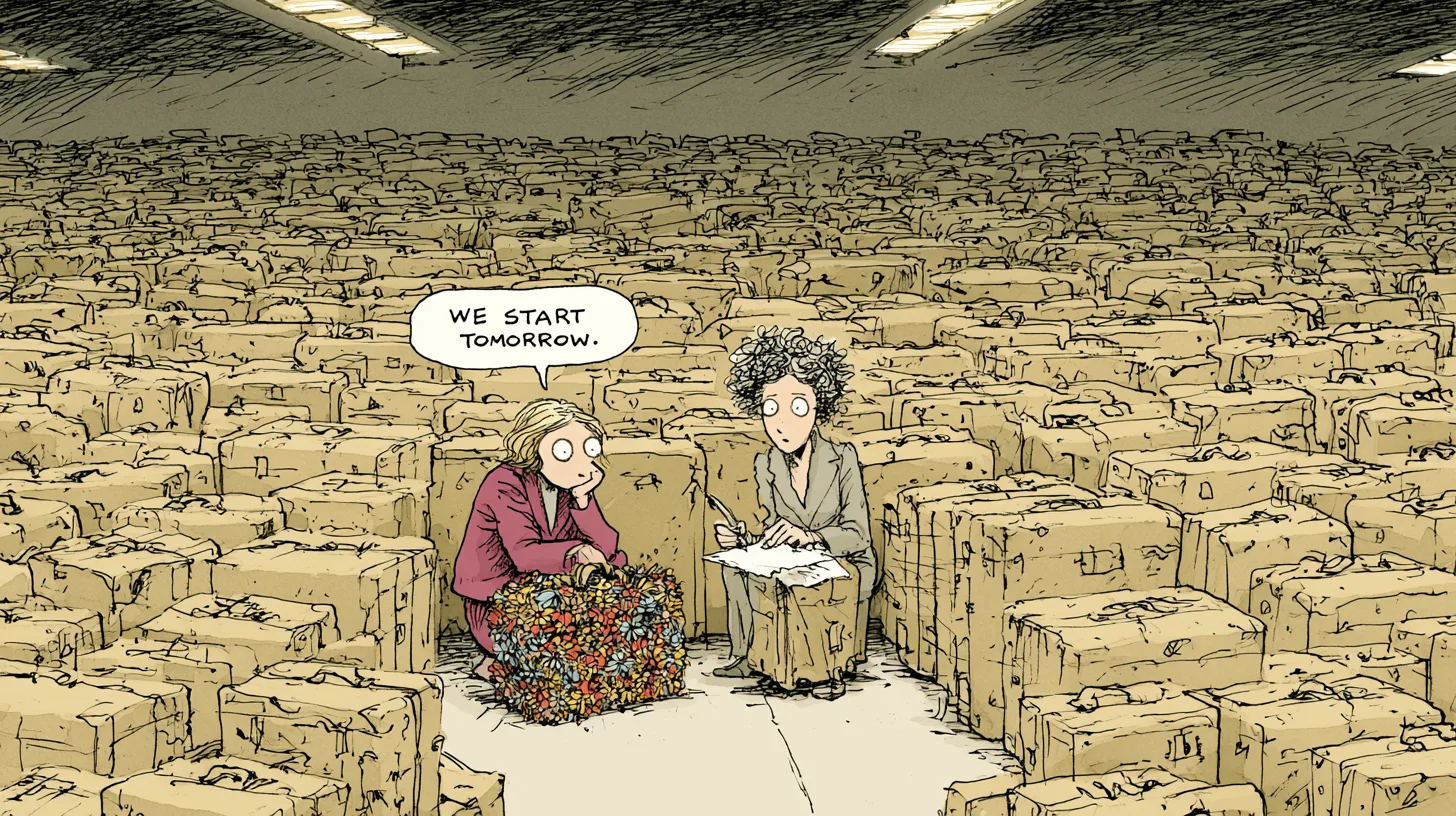 The 1982 airport decision that started the company © History Oasis Cartoon of two women sketching a floral bag amid a sea of beige airport luggage