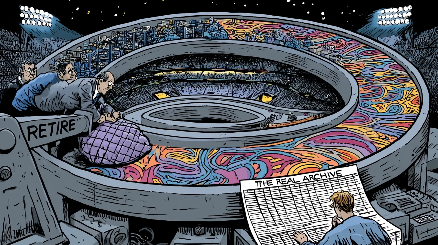 The retire-and-restock loop, and the fan keeping the real archive © History Oasis Cartoon executives feeding quilted bags onto a retire-and-restock conveyor loop