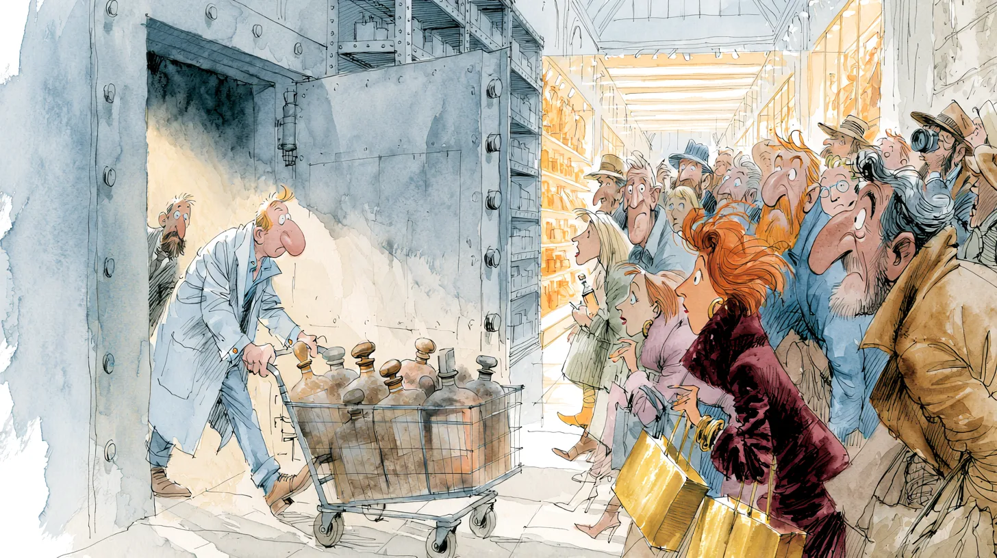 Cartoon of a worker wheeling a trolley of dusty perfume bottles out of a vault toward a waiting crowd of shoppers