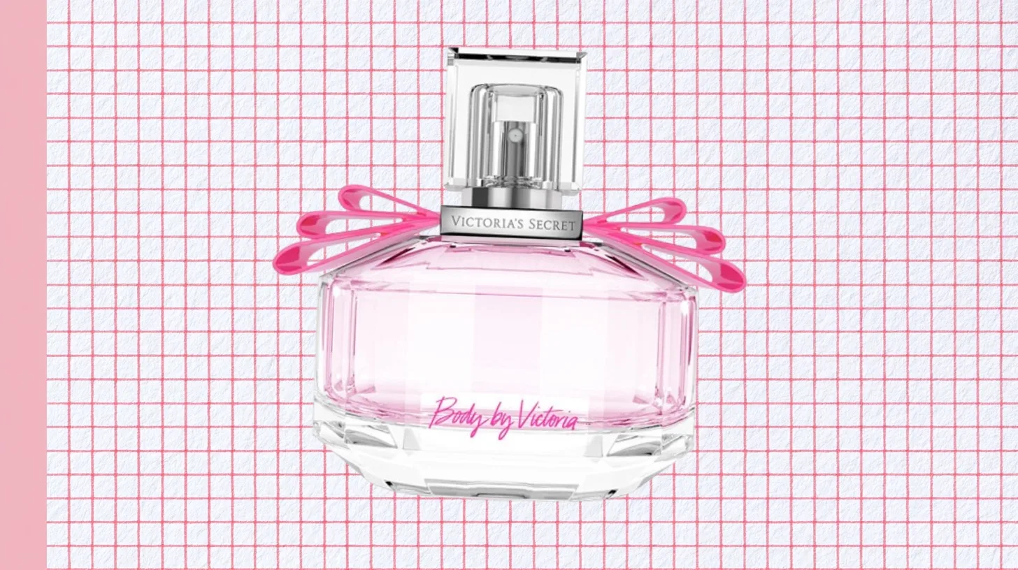The discontinued Victoria's Secret Body by Victoria eau de parfum bottle in faceted pink glass with a pink bow