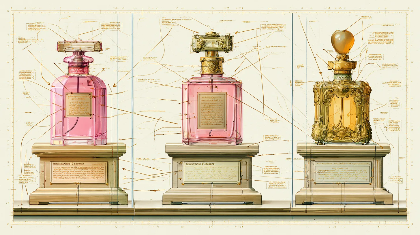 Illustrated identification chart showing three Victoria's Secret perfume bottles on plinths with annotated callouts
