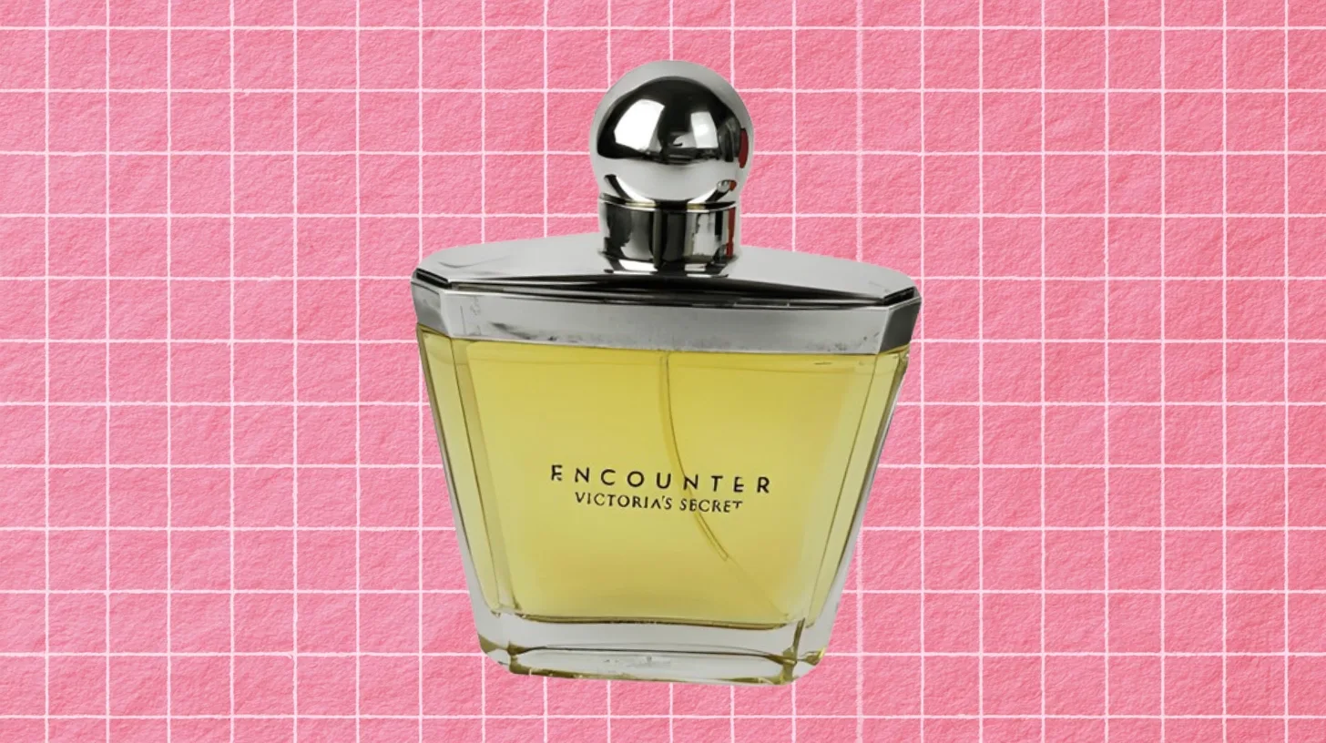 The discontinued Victoria's Secret Encounter eau de parfum bottle, faceted glass with a silver ball cap
