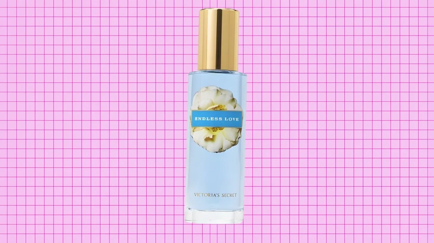 The discontinued Victoria's Secret Endless Love bottle in pale blue glass with a gold cap and white flower label