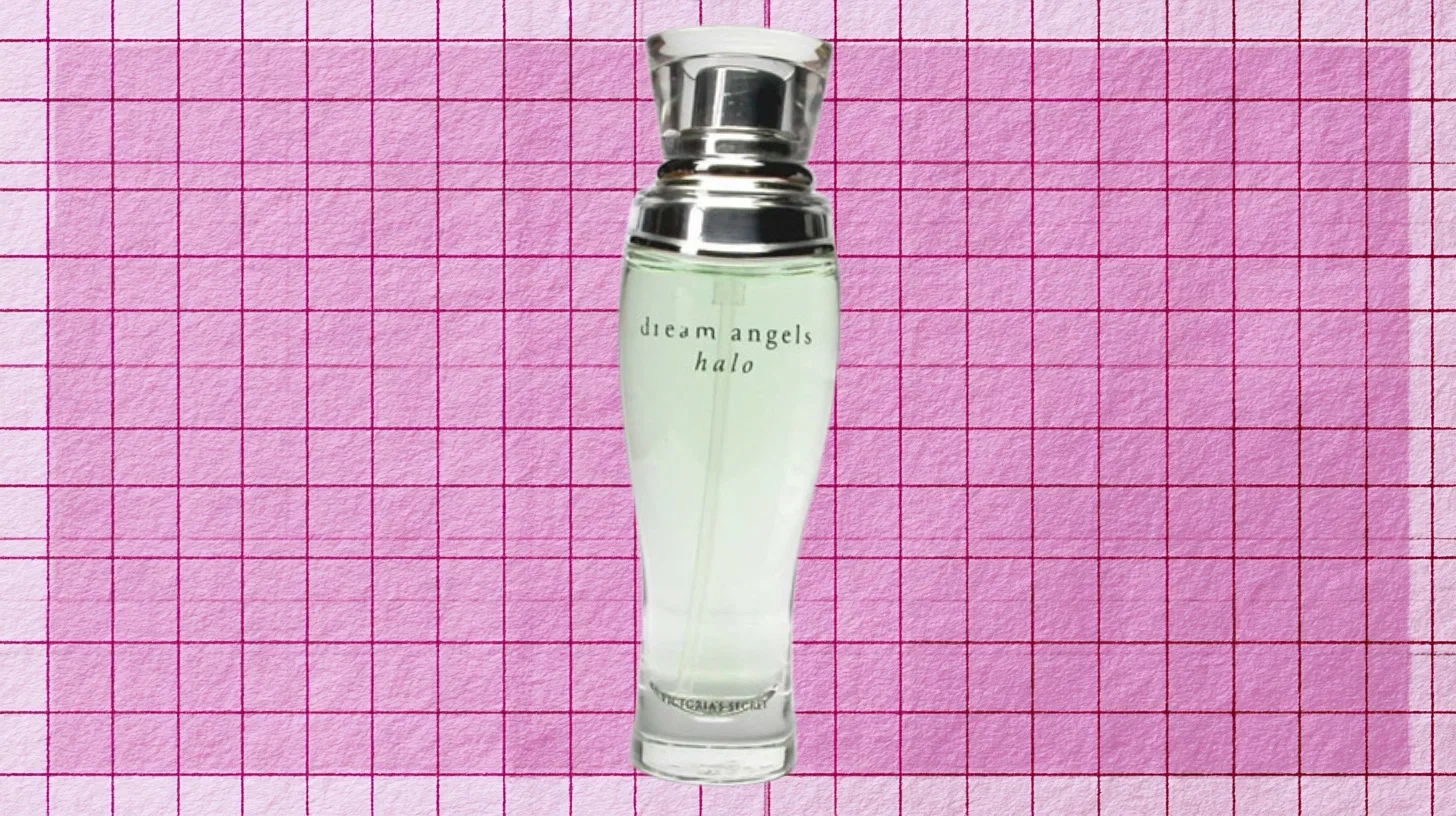 The discontinued Victoria's Secret Dream Angels Halo eau de parfum bottle, tall tapered glass with a silver collar