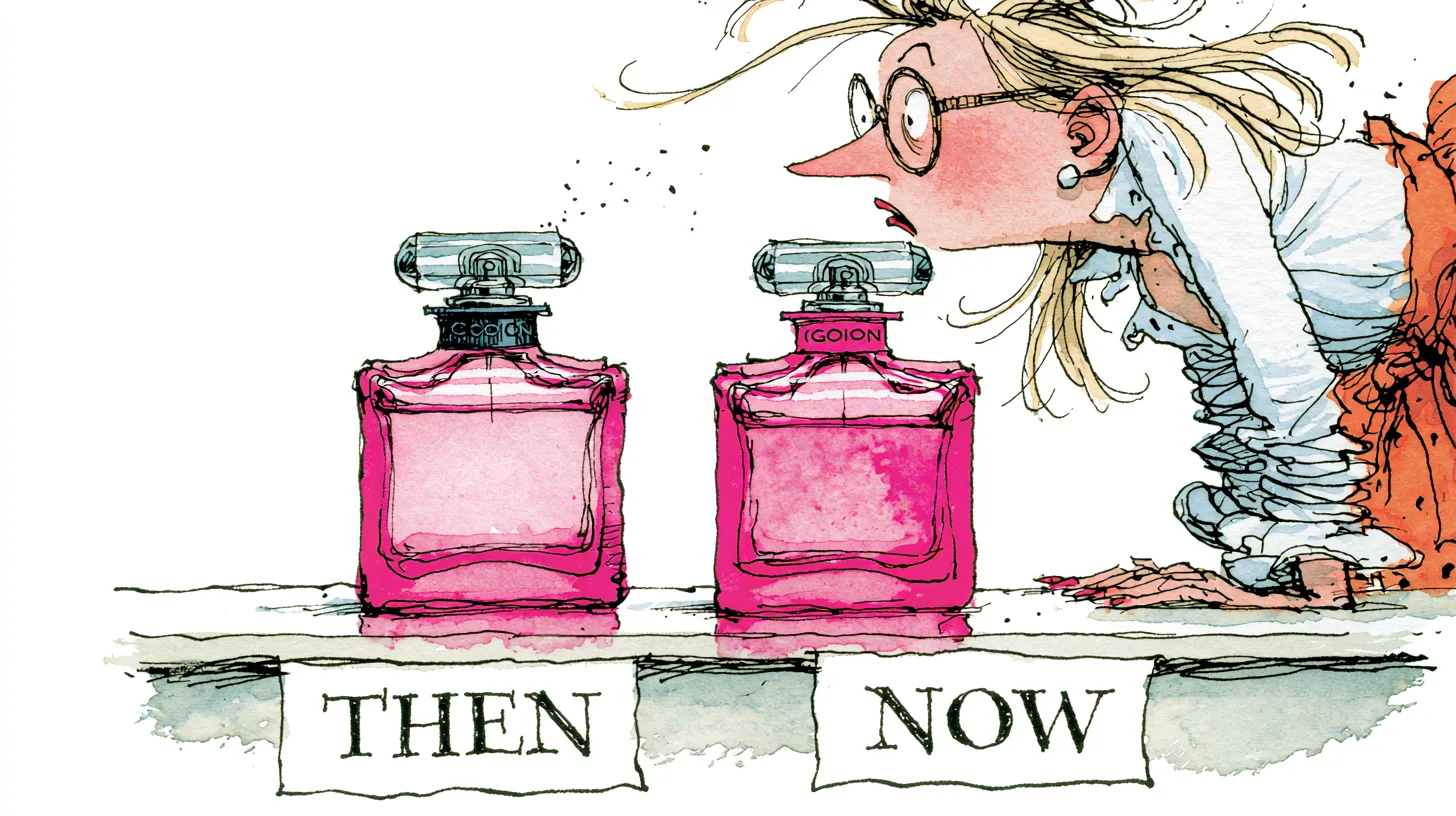 Cartoon of a woman suspiciously sniffing two near-identical pink perfume bottles labelled THEN and NOW