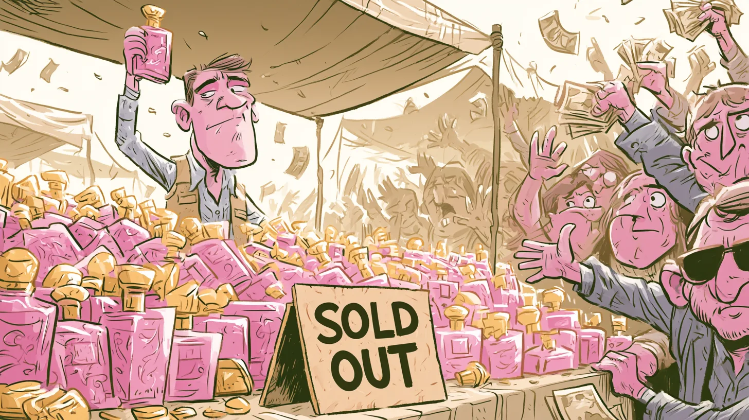 Cartoon of a flea-market stall piled with pink and gold perfume bottles, a seller holding one aloft as collectors wave cash