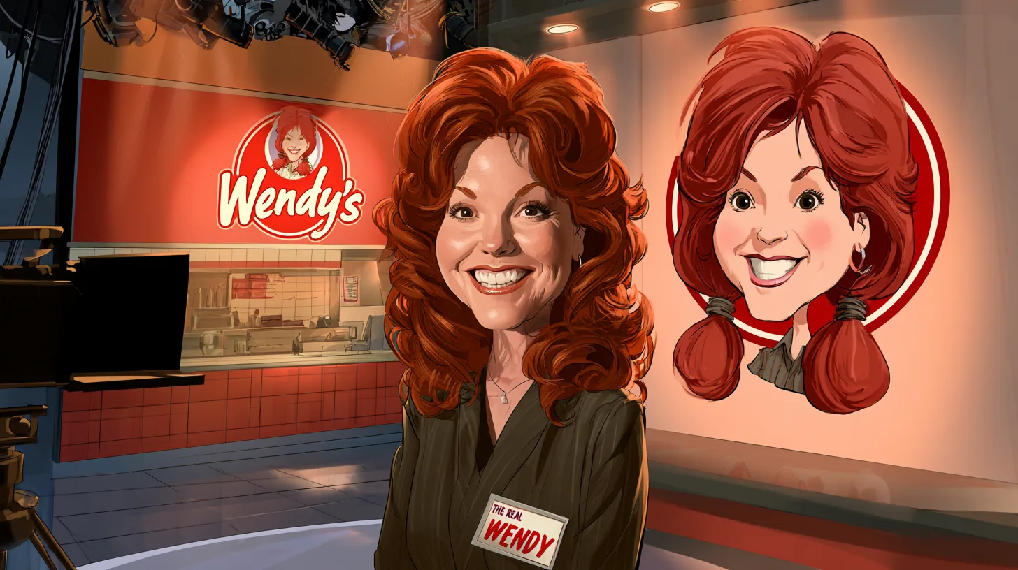 Wendy Thomas, the namesake, facing the cartoon version of herself © History Oasis Caricature of Wendy Thomas in a TV studio wearing a THE REAL WENDY badge beside a giant version of her own pigtailed logo portrait