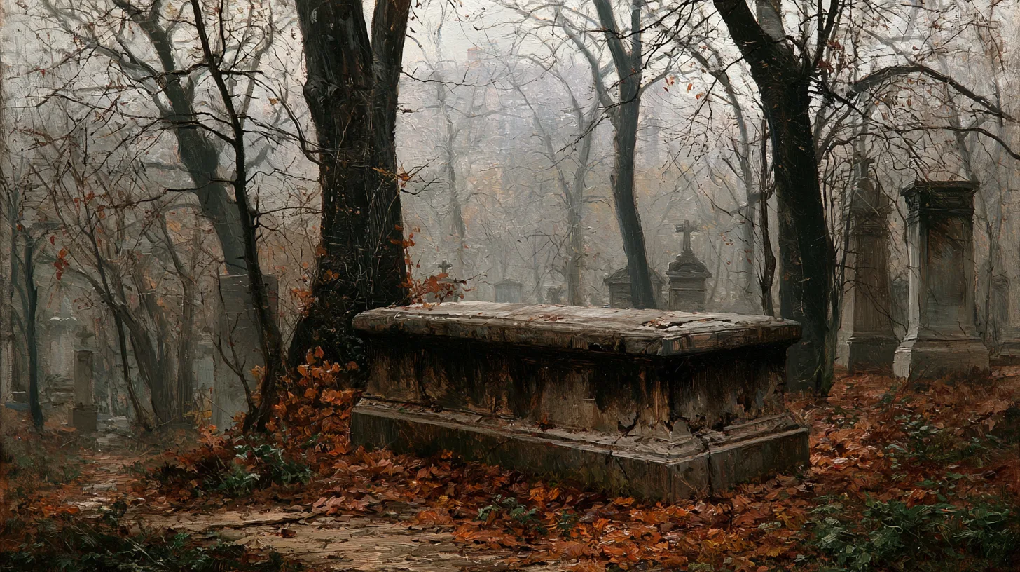 Père Lachaise in autumn © History Oasis Oil painting of a weathered tomb among bare autumn trees and fallen leaves at Père Lachaise cemetery