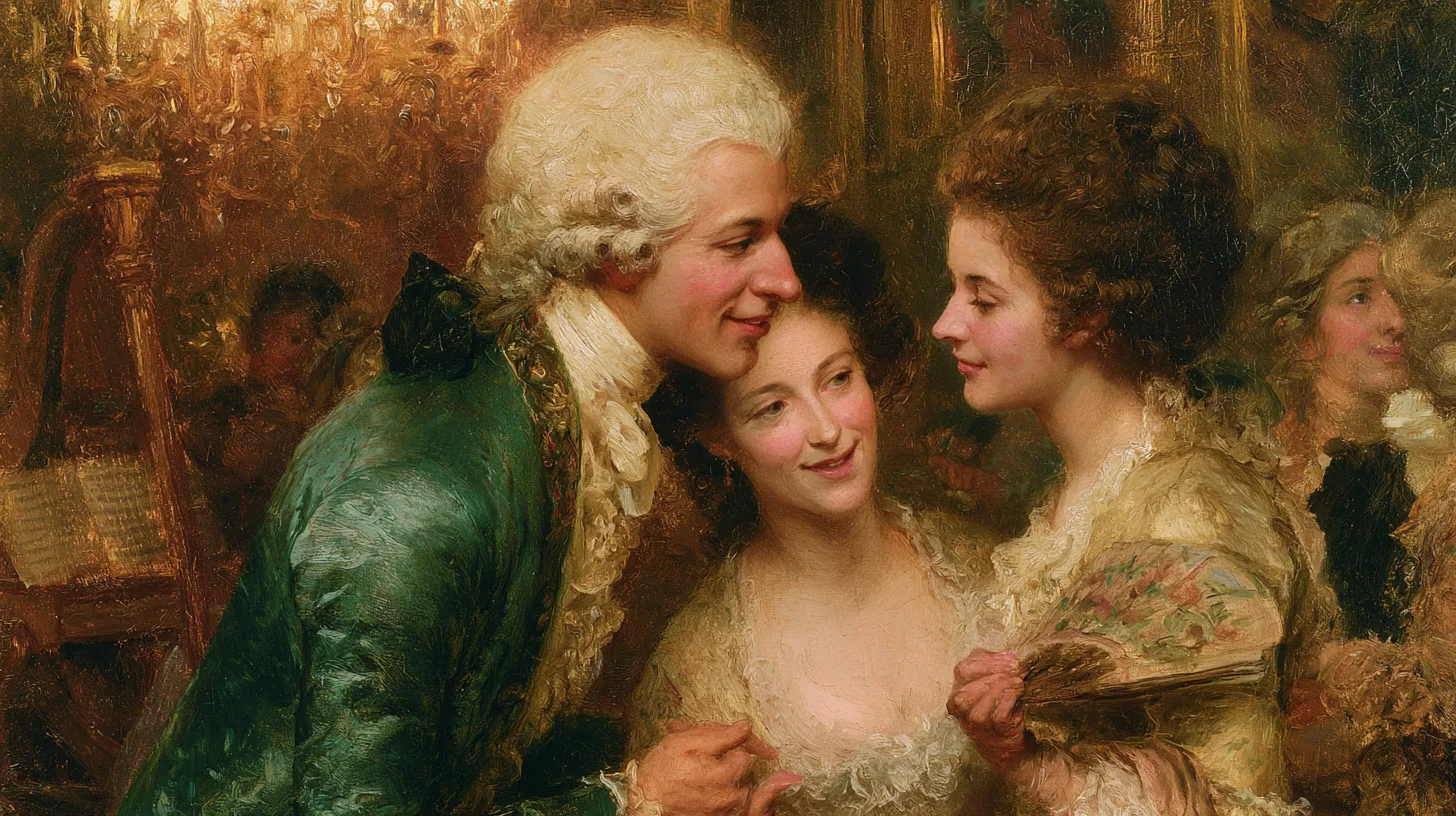 Temple and his Parisian admirers © History Oasis Oil painting of a young man in a green silk coat and powdered wig charming two young women at a Paris salon