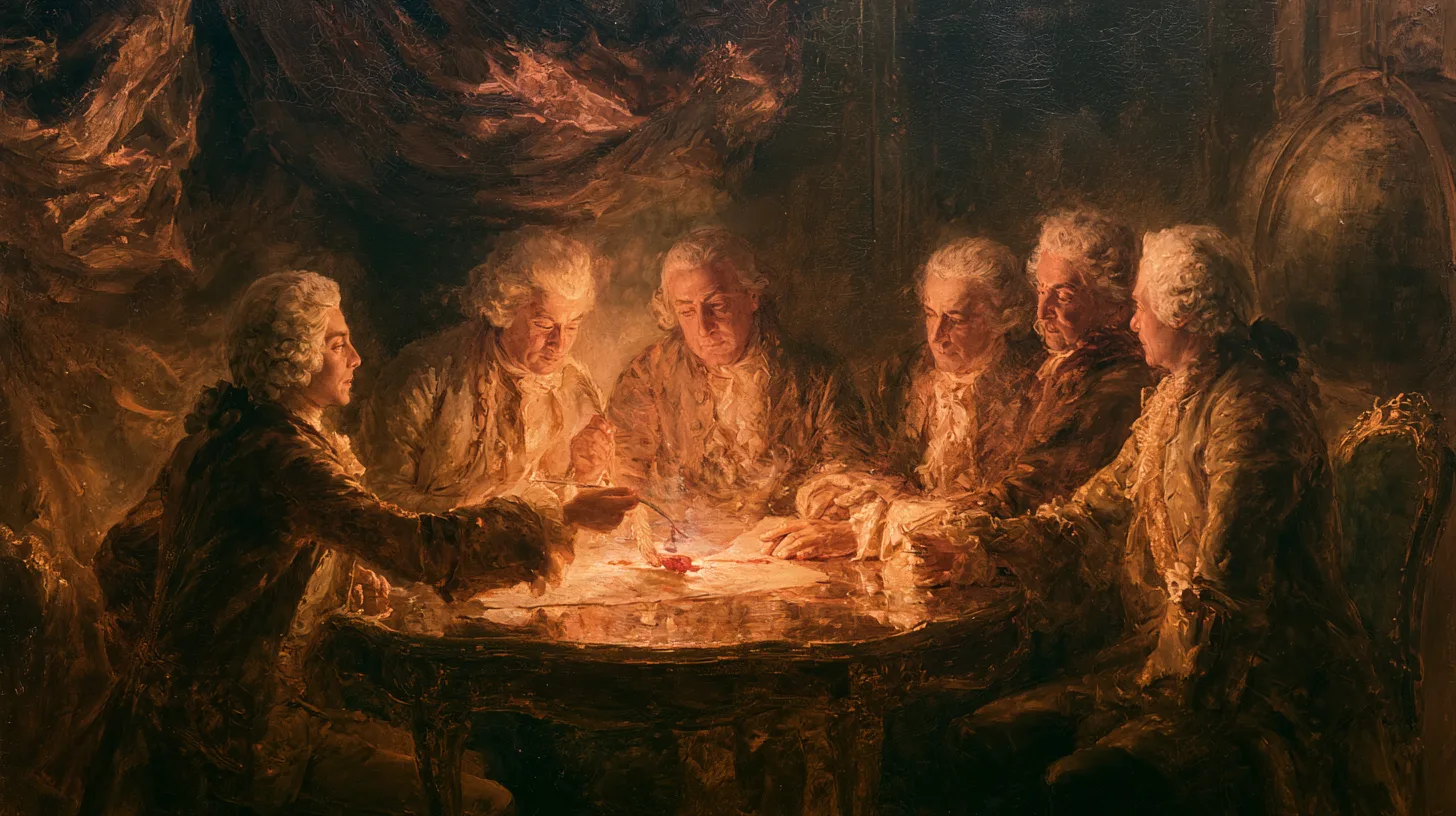 Sealing the Treaty of Paris © History Oasis Oil painting of diplomats in powdered wigs gathered around a candlelit table with a quill and sealing wax